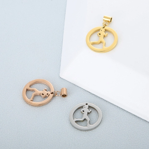 Stainless Steel Running Girl Silhouette Pendant Round Hollow Cutout Charm For DIY Jewelry Making Sports Style Accessory