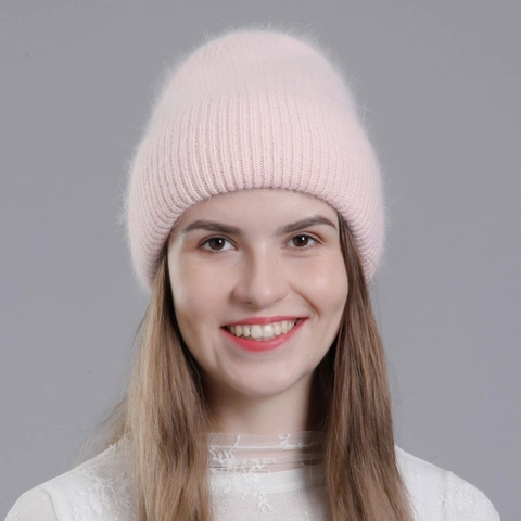 Women Winter Beanie Hat Rabbit Hair Acrylic Blend Warm Soft Fluffy Knitted Cuff Cap Outdoor Cold Weather