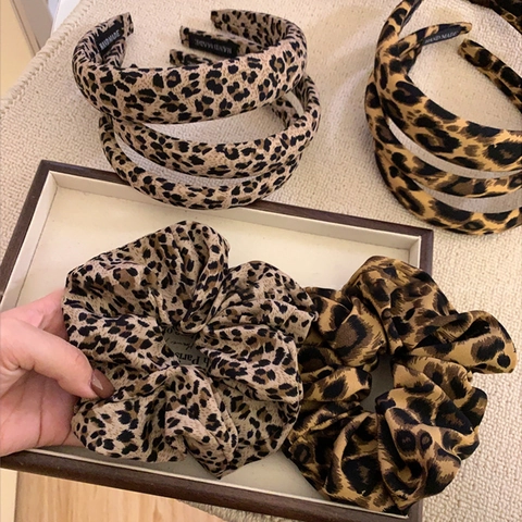 Leopard Print Headband And Scrunchie Vintage Fabric Hairband Elastic Hair Ties Handmade Fashion Accessories For Women