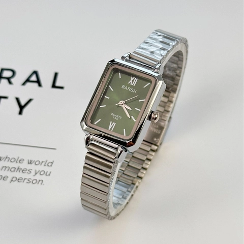 Women Quartz Watch Square Dial Roman Numerals Alloy Case Silver Metal Elastic Strap Elegant Retro Casual Wristwatch