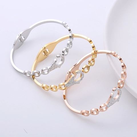 Bracciale Rigido A Cerniera Con Maglie Geometriche Cave In Acciaio Inossidabile 304 E Strass Per Donna Elegante