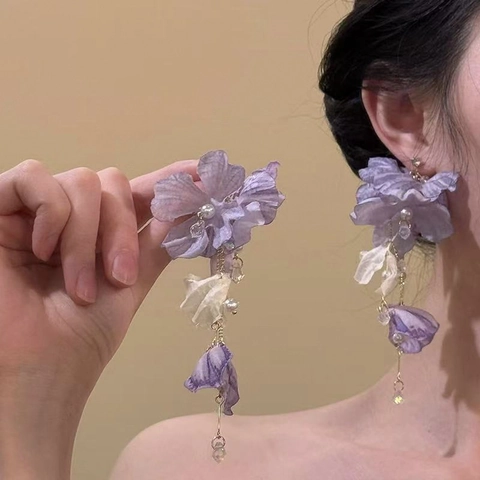 Orecchini Pendenti Con Fiori In Tessuto Viola Con Künstliche Perle Sintetiche E Perno In Argento Sterling 925 Lunghe Frange Stile Vacanza