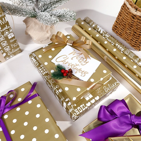 Christmas Wrapping Paper Roll Gold Metallic Polka Dot Noel Letter Print Gift Wrap For Birthday Holiday Party