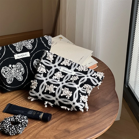 Borsa Trucco Ricamata Tela Cotone Lino Farfalla Fiore 3D Pochette Cosmetica Con Cerniera Organizzatore Portatile