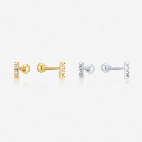 925 Argento Sterling Placcato Oro 14K Zirconia Orecchini a Bottone Lineari Minimalisti con Chiusura a Sfera Geometrici