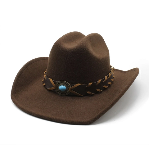 Western Cowboy Hat Wide Brim Felt Fedora With Braided Leather Band And Turquoise Decor For Men Women Sun Protection