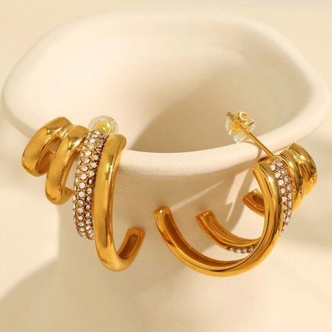 Irregular Stainless Steel Multi-Layer Hoop Earrings For Women Gold Plated Pave Rhinestone Geometric Fashion Jewelry Accessory