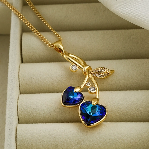 Kersenhanger Ketting Verguld Koper Hart Kristal Zirkoon Ingelegd Zoet Sleutelbeen Ketting Voor Dames Sieraden