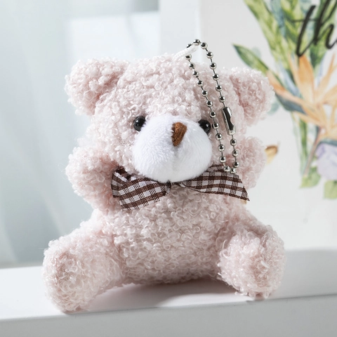 Mini Teddy Bear Plush Keychain Curly Hair Bear Bag Pendant With Gingham Bow Tie Cute Animal Soft Toy For Kids Women