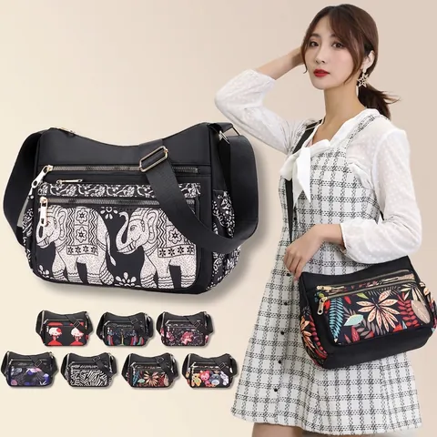 Borsa A Tracolla Da Donna Stampa Etnica Nylon Impermeabile Grande Capacità Multi Tasca Borsa A Spalla Casual