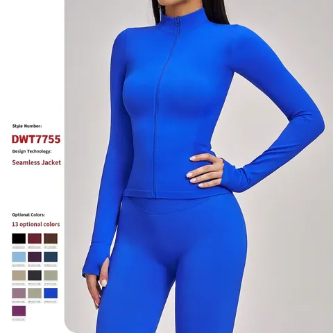 Women Athletic Yoga Jacket Seamless Knit Nylon Spandex Stand Collar Full Zip Thumbholes Slim Fit Running Sport Top