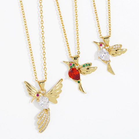 Collier Pendentif Colibri Cuivre Plaque Or Zircone Cubique Colore Bijoux Animaux Tendance Chaine De Clavicule Pour Femme