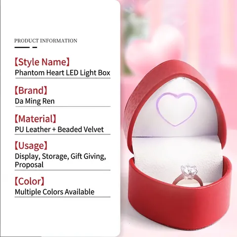 Estuche De Joyería En Forma De Corazón Con Luz LED Cuero PU Forro De Terciopelo Para Propuesta Boda Regalo Anillo Almacenamiento