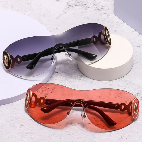 Oversized Rimless Sunglasses With Hollow Metal Circle Decor UV400 Gradient PC Lenses Y2K Retro Trendy Eyewear