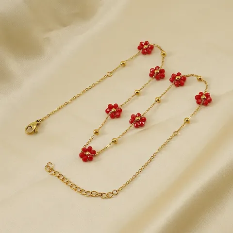 Stainless Steel Flower Necklace And Bracelet Jewelry 18K Gold Plated Colorful Beaded Floral Sweet Delicate Women