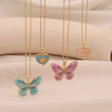 Collana In Acciaio Inossidabile Vintage Con Ciondolo Farfalla Cuore Angelo Smalto Gioielli Di Moda Catena Clavicola Donna