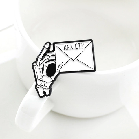 Punk Skeleton Hand Holding Anxiety Letter Enamel Pin Gothic Alloy Brooch Badge For Clothing Backpack Jacket Accessories