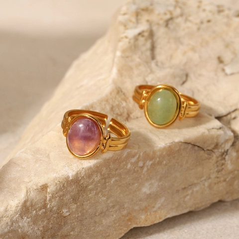Edelstahl Ring 18K Vergoldet Ovaler Grüner Violetter Edelstein Wasserdicht Verstellbar Offen Modeschmuck Für Damen