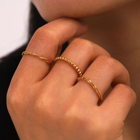Minimalist Stainless Steel Rings Gold Plated Twisted Rope Beaded Stackable Finger Band Heart Signet For Women Daily