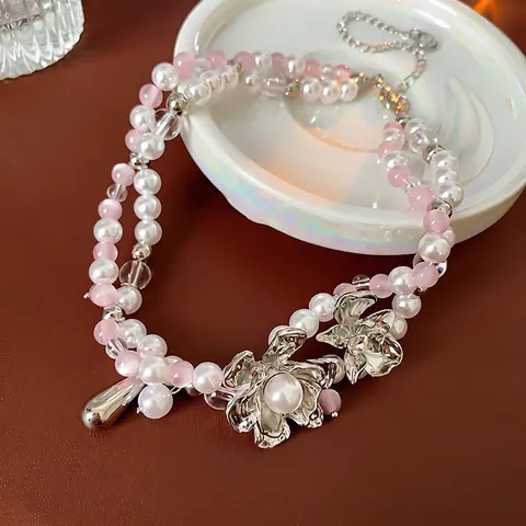 Collana Choker A Doppio Strato Con Perline In Lega Di Fiori Argentati E Ciondolo A Goccia Di Perla Artificial Sintetica Stile Francese