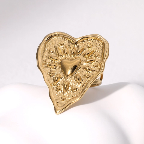 Anello A Cuore In Acciaio Inossidabile Vintage Texture Lava Martellata Placcato Oro 18K Gioielli Regolabili Donna