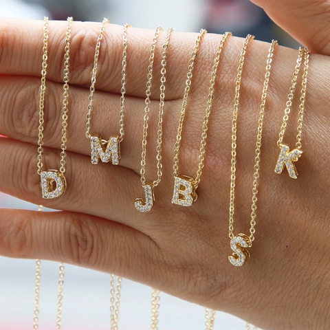 Initial Letter Necklace Brass 18K Gold Plated Micro Pave Cubic Zirconia Tiny Alphabet Pendant Personalized Jewelry For Women