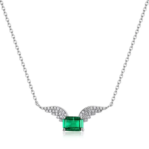 Vintage 925 Sterling Silver Lab-Grown Emerald Angel Wings Pendant Necklace For Women Luxury Zirconia Inlaid Jewelry