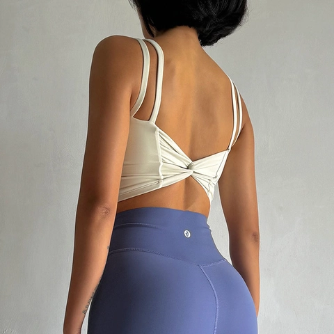 Sport BH Damen Yoga Crop Top Twist Rücken Doppelte Dünne Träger Fitness Tank Top Schnelltrocknend Nylon Spandex Activewear