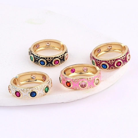 Vintage Böhmisch Offener Ring Kupfer Mit 18K Gold Vergoldet Bunte Emaille Und Mikro Pave Zirkonia Für Frauen