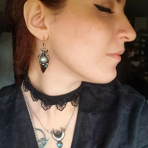 Gothic Hänger Ohrringe Mit Mondstein Und Obsidian Pfeil Anhänger Gun Black Metall Boho Hexen Schmuck Für Damen