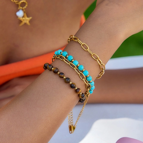 Bohemian Layered Armband Edelstahl Kette Tigerauge Stein Türkis Perlen Verstellbarer Schmuck Für Damen Urlaub