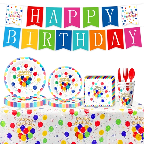 Birthday Party Supplies Colorful Balloon Theme Paper Plates Cups Napkins Tablecloth Banner Decoration For Kids Adults Festive