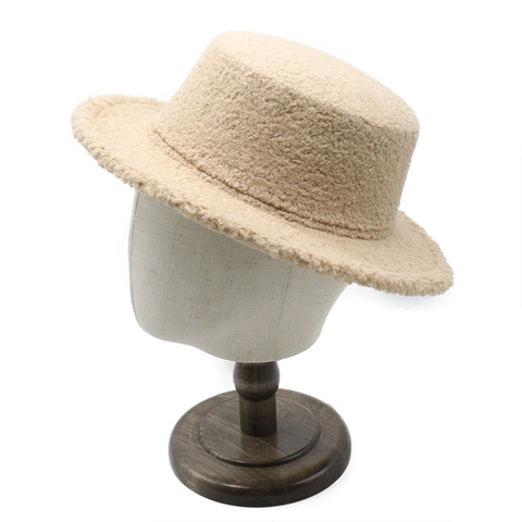Flat Top Fedora Hat Lamb Wool Sherpa Faux Fur Warm Winter Boater For Women Men Solid Color Outdoor Jazz Cap
