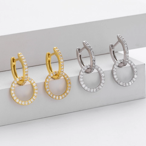Luxe 925 Sterling Zilveren Dubbele Ring Oorbellen Voor Vrouwen Fonkelende Zirconia Pavé Geometrische Cirkel Oorbellen Mode Sieraden