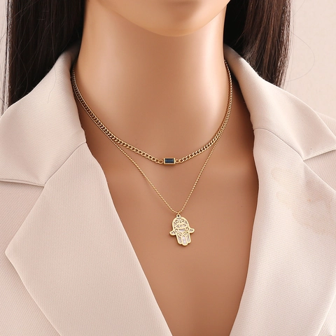 Collana Multistrato Mano Di Fatima Hamsa Acciaio Inossidabile Placcato Oro Pietra Blu Madreperla Gioielli Boho Donna