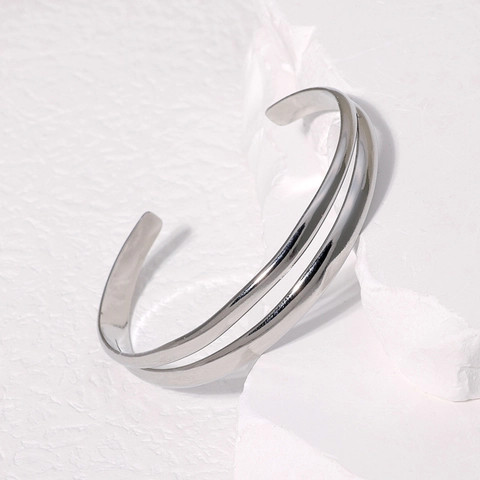 Brazalete Abierto De Doble Línea Minimalista De Acero Inoxidable Pulsera Ajustable Para Mujer Joyería Moderna