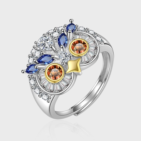 Vintage 925 Sterling Zilveren Uilenring Verstelbare Open Ring Blauw Oranje Strass Ingelegd Dierlijke Vingerring Sieraden Cadeau Voor Vrouwen