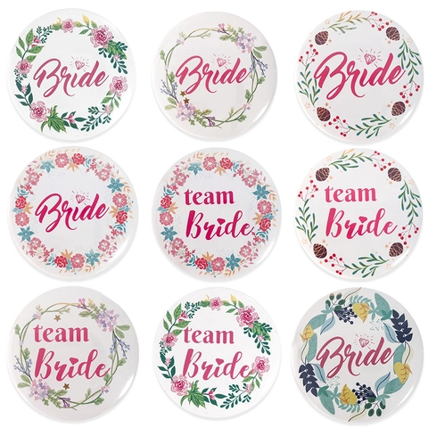 Floral Wreath Design Wedding Badges Tinplate Pins For Bachelorette Party Bridal Shower Bride And Team Bride Decoration