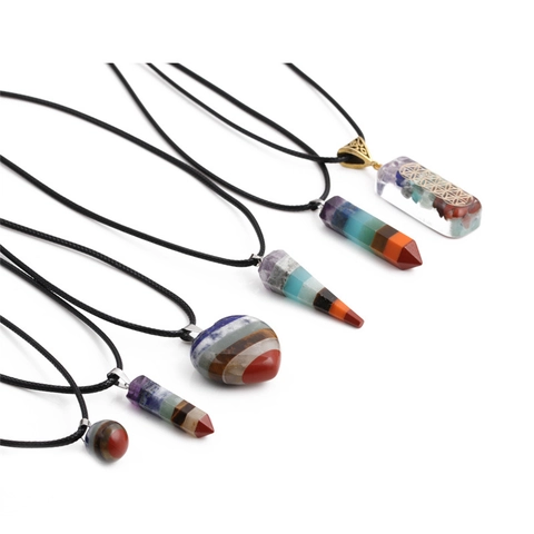 Seven Chakra Healing Stone Pendant Necklace Reiki Meditation Yoga Jewelry Flower Of Life Geometry Unisex Wax Rope Cord