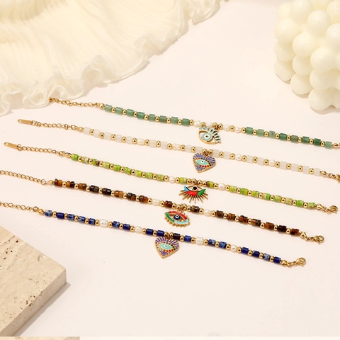 Evil Eye Beaded Bracelet Stainless Steel Natural Stone Freshwater Pearl Bohemian Ethnic Charm Jewelry For Women