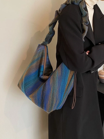 Borsa A Spalla Vintage Da Donna In Maglia Di Lana Grande Capacità Sfumatura Colorata Borsa Hobo Con Tracolla Arricciata
