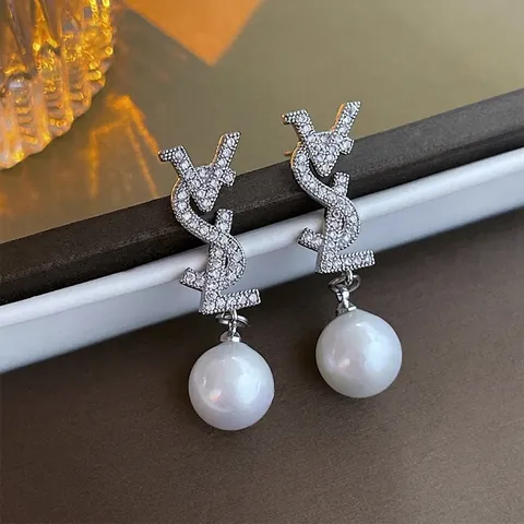 Letter Zircon Artificial Pearl Drop Earrings With 925 Sterling Silver Earring Post Elegant Fashion Jewelry For Women Luxury Style