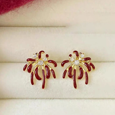 Orecchini A Fiore Di Fuochi D'artificio Smalto Rosso Placcato Oro Rame Con Perno In Argento Stile Vintage