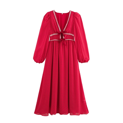 Women Sweet V-Neck Polka Dot Maxi Dress With Artificial Pearl Trim And Bow Decoration Long Sleeve Red Elegant High Waist