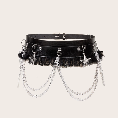 Cinturón de Corsé de Cuero Sintético Punk Gótico Retazos de Encaje Cadena de Metal Colgante Estrella Mujer Moda Hip Hop Alternativa