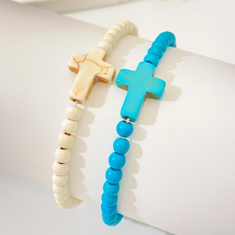 Bohemian Ethnic Turquoise Beaded Bracelet Set For Men Women Cross Pendant Couple Stretch Hand Chain Vintage Religious Jewelry Gift