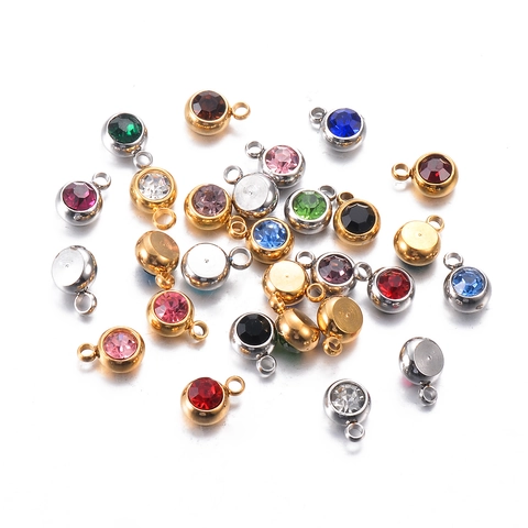 Round Birthstone Charms Stainless Steel Rhinestone Pendants For Jewelry Making DIY Crafts Lucky Birthday Stone Colorful