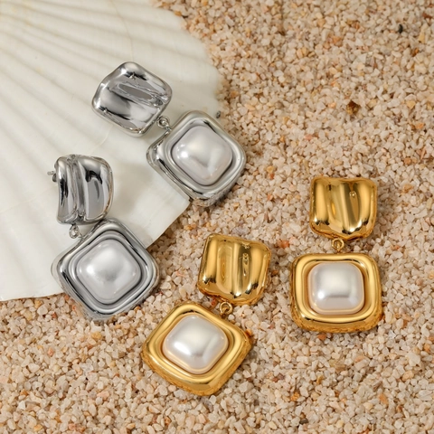 Geometric Square Pendant Earrings 316 Stainless Steel Faux Artificial Pearl High End Non Fading Fashion For Women