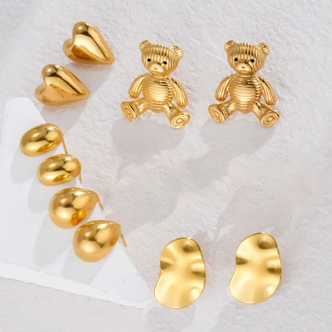 Boucles D'oreilles Cœur Vintage Acier Inoxydable Plaqué Or 18K Géométrique Goutte D'eau Ours Pour Femmes Bijoux Minimalistes