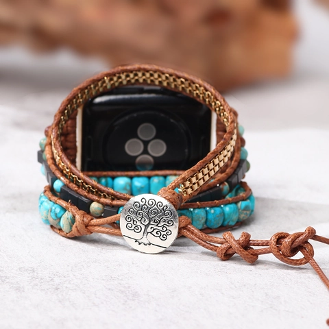 Bohemian Wrap Watch Band Leather Turquoise Beads Vintage Multi Layer Bracelet For Smart Watch